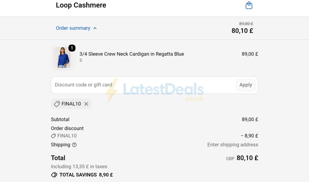 Screenshot of the Loop Cashmere discount code working