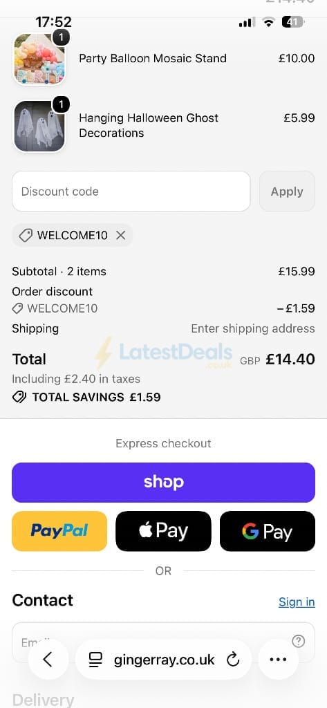 Screenshot of the Ginger Ray discount code working