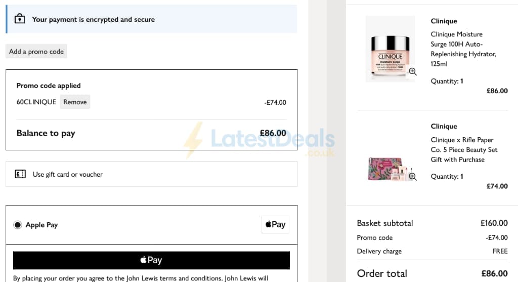 Screenshot of the John Lewis discount code working