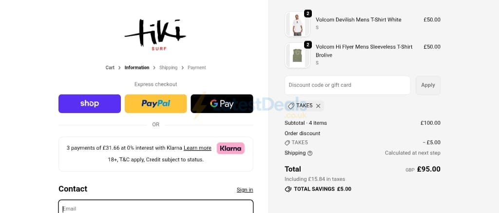 Screenshot of the Tiki Surf discount code working