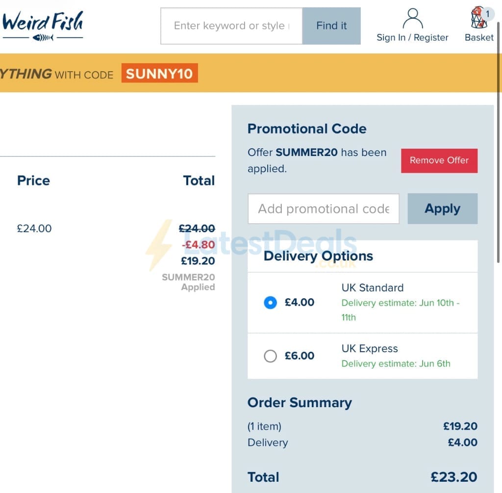 Screenshot of the Weird Fish discount code working