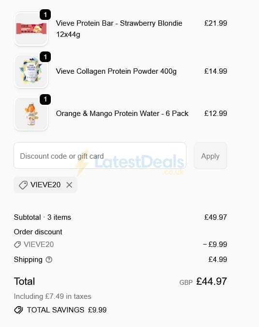 Screenshot of the Vieve discount code working