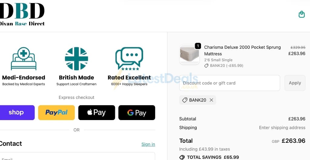 Screenshot of the Divan Base Direct discount code working