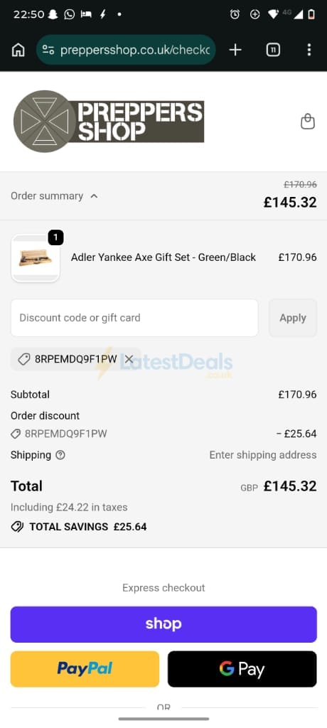 Screenshot of the Preppers Shop discount code working