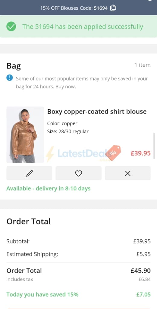 Screenshot of the Ulla Popken discount code working