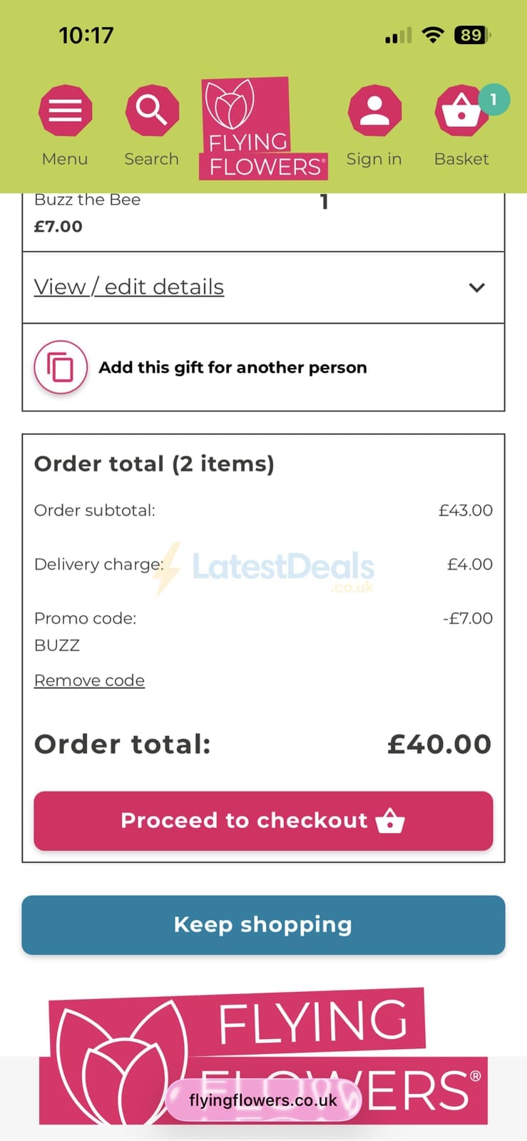 Screenshot of the Flying Flowers discount code working