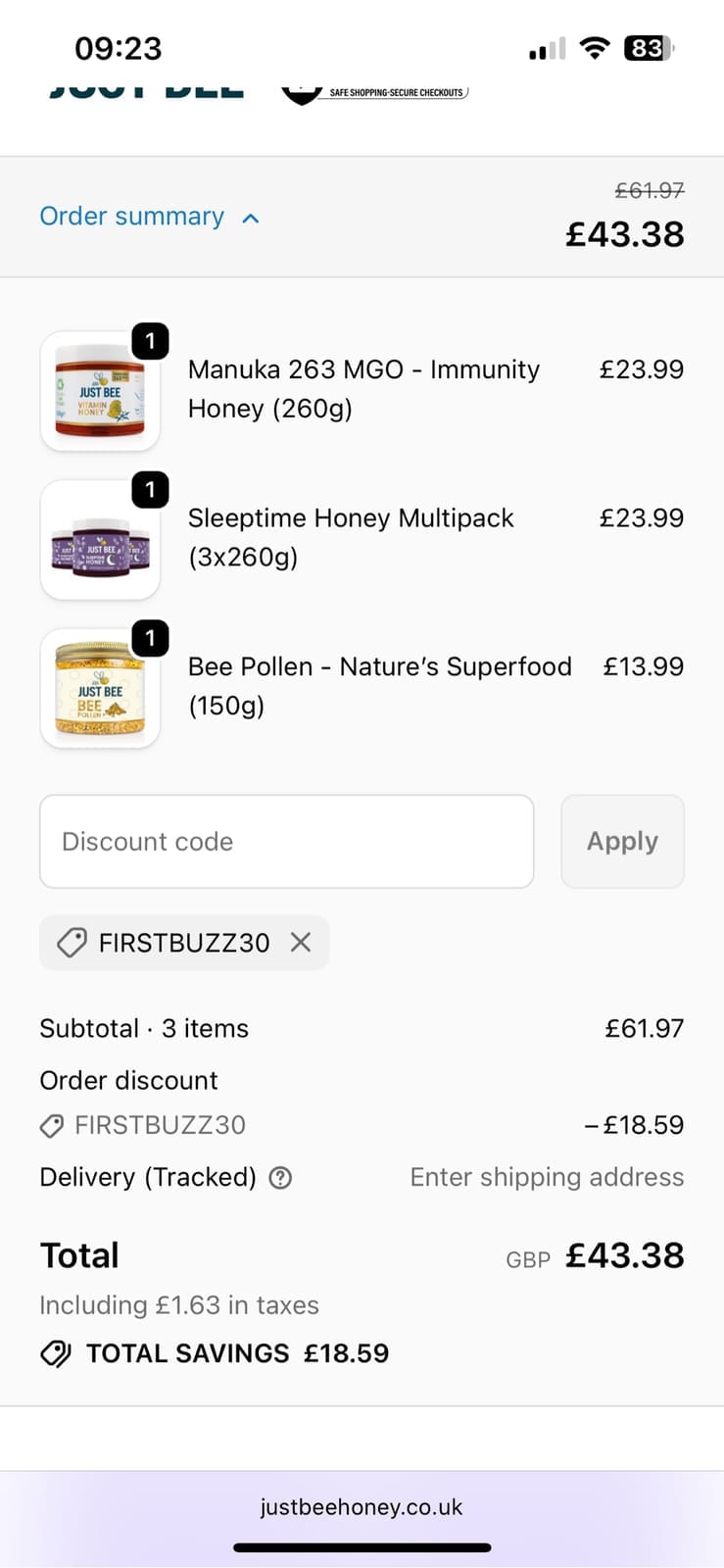 Screenshot of the Just Bee Honey discount code working