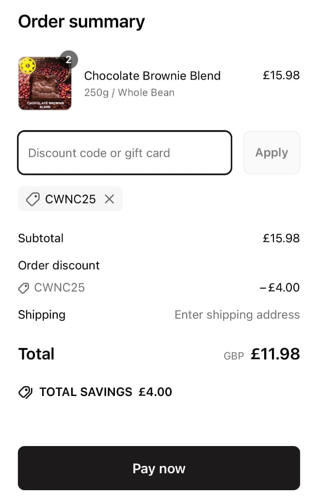 Screenshot of the Cworks discount code working