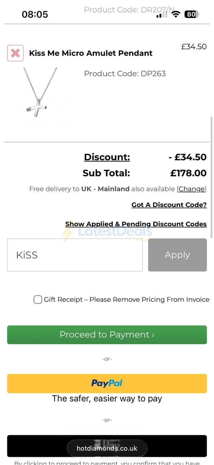 Screenshot of the Hot Diamonds discount code working
