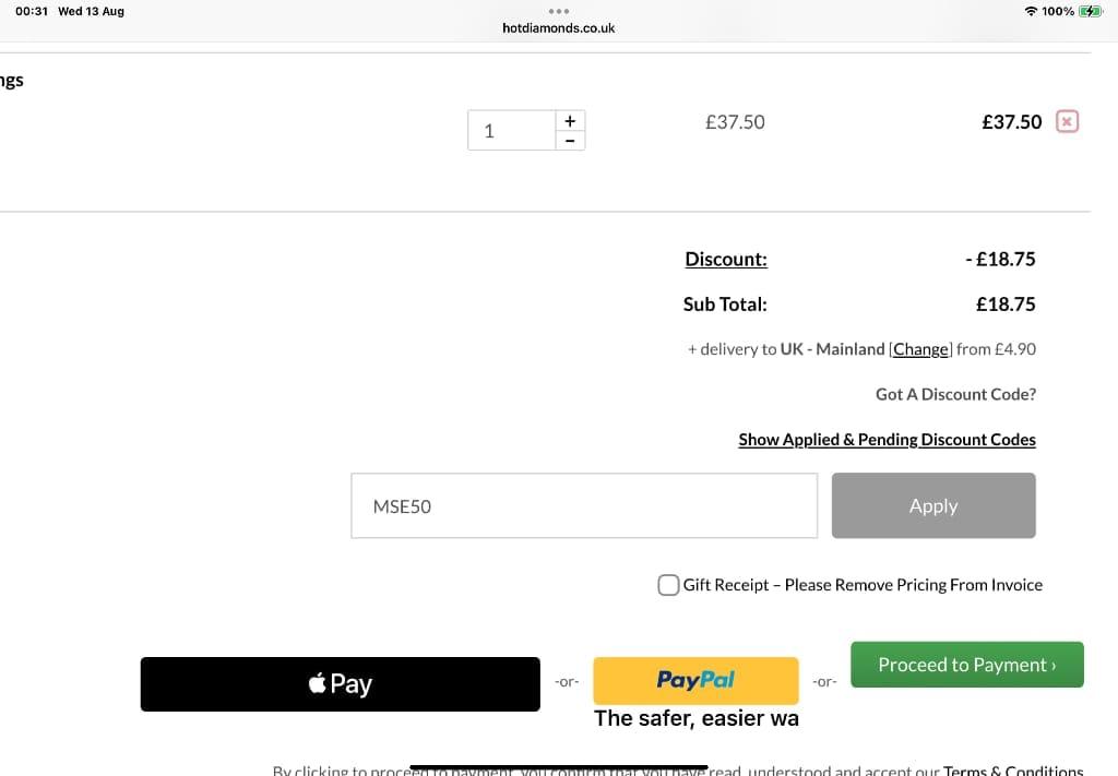 Screenshot of the Hot Diamonds discount code working