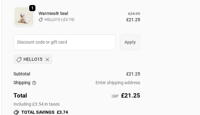 Screenshot of the Warmies discount code working