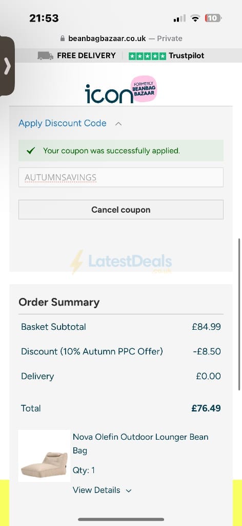 Screenshot of the Bean Bag Bazaar discount code working