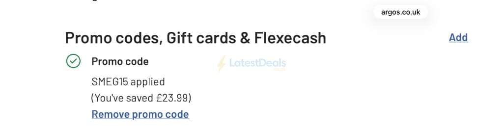 Screenshot of the Argos discount code working