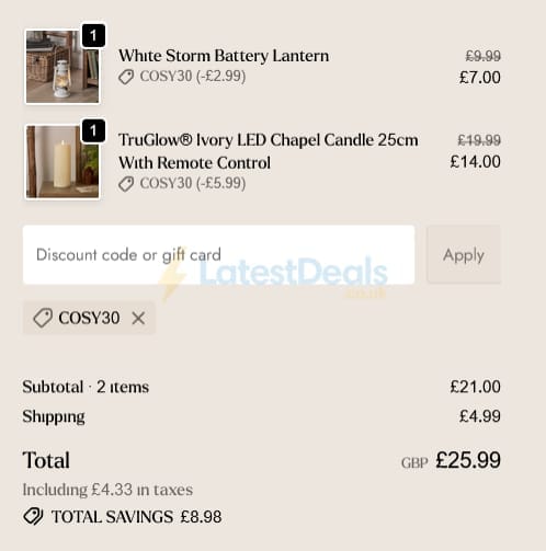 Screenshot of the Lights4fun discount code working