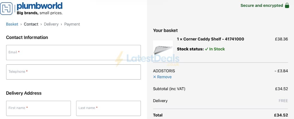 Screenshot of the Plumbworld discount code working