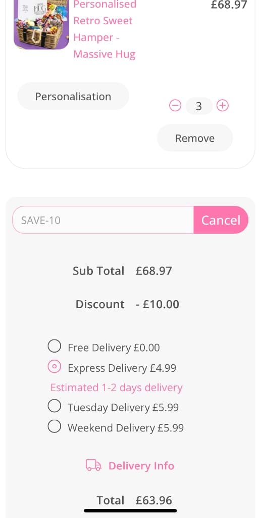 Screenshot of the Personalised Gifts Shop discount code working