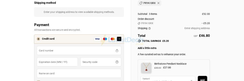 Screenshot of the Prya discount code working
