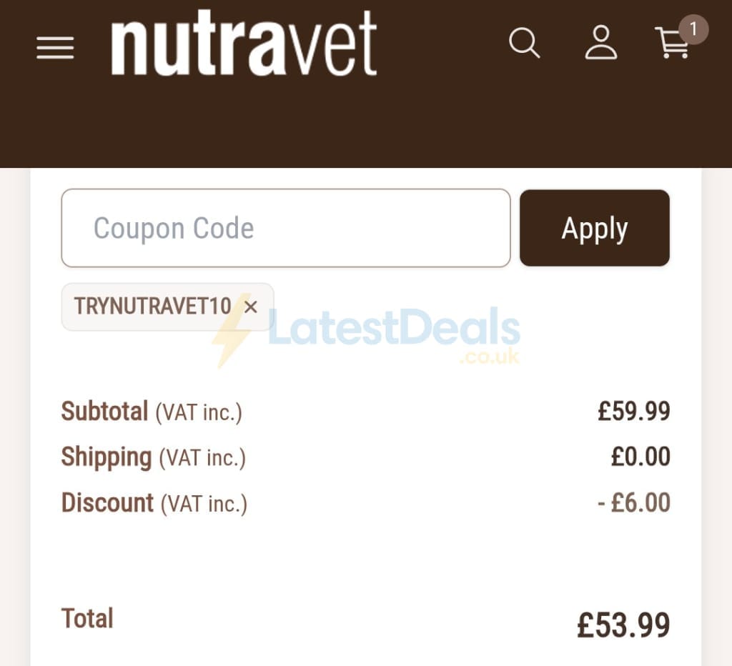 Screenshot of the Nutravet discount code working