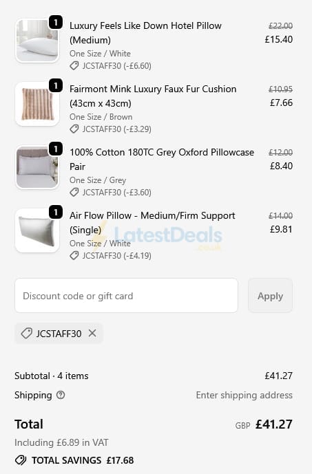 Screenshot of the Julian Charles discount code working