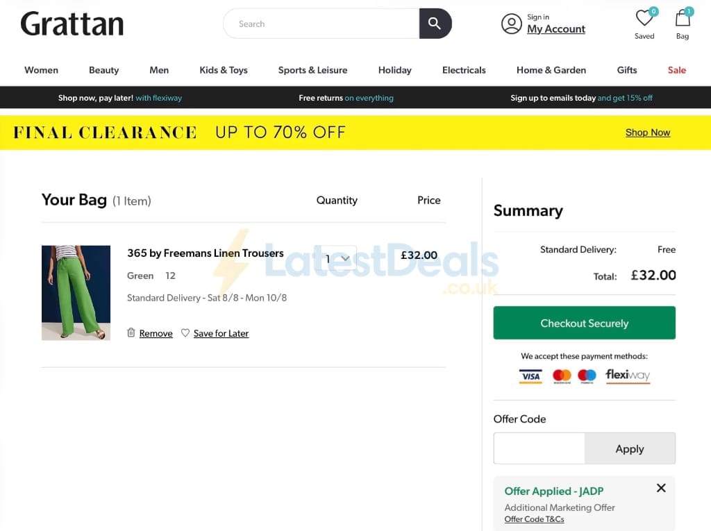 Screenshot of the Grattan discount code working