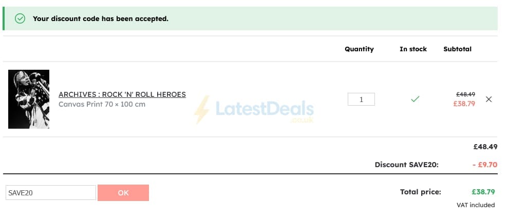 Screenshot of the UKposters discount code working
