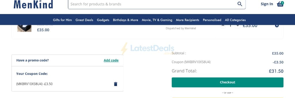 Screenshot of the Menkind discount code working