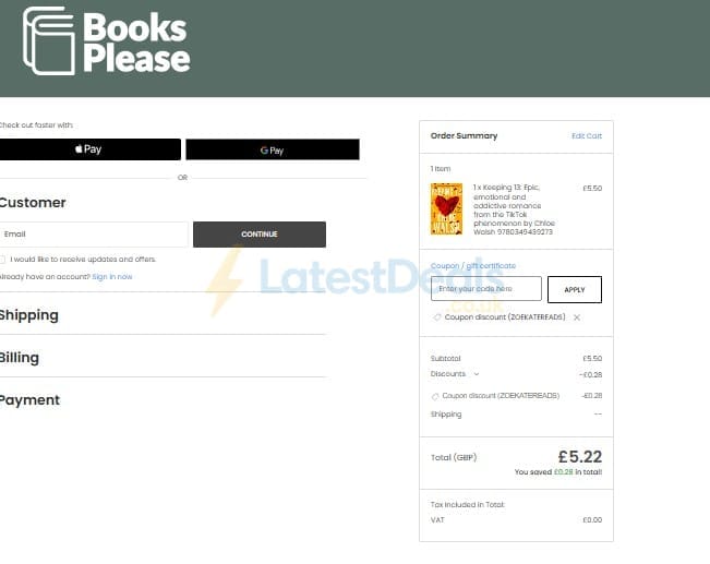 Screenshot of the Books Please discount code working