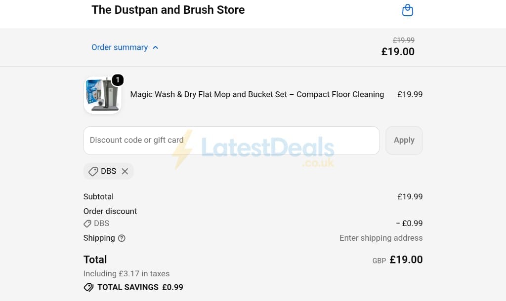 Screenshot of the The Dustpan and Brush Store discount code working
