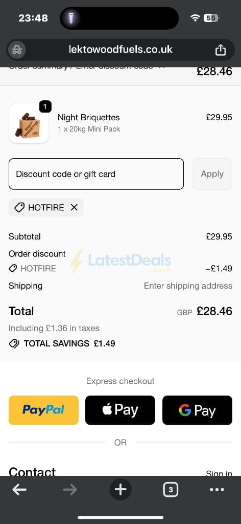 Screenshot of the Lekto Wood Fuels discount code working