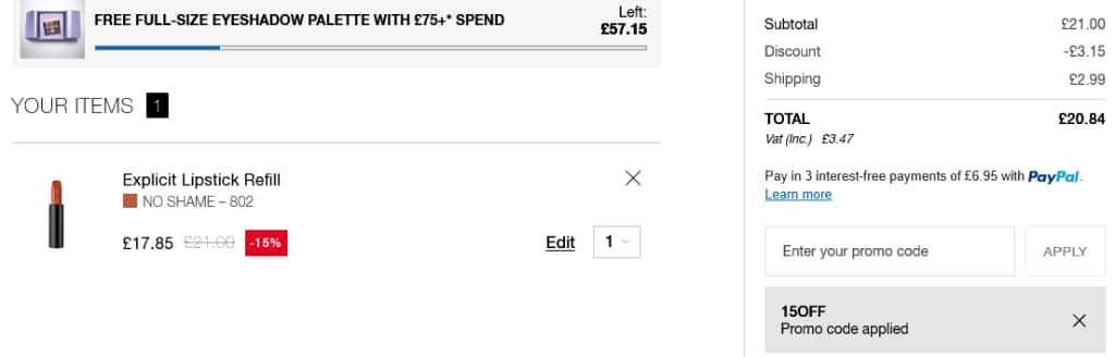 Screenshot of the NARS Cosmetics discount code working
