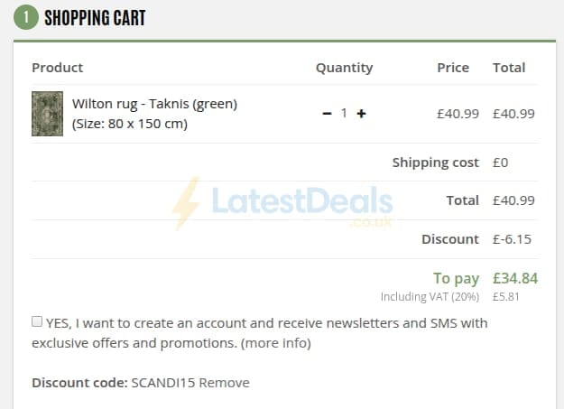 Screenshot of the Trendcarpet discount code working