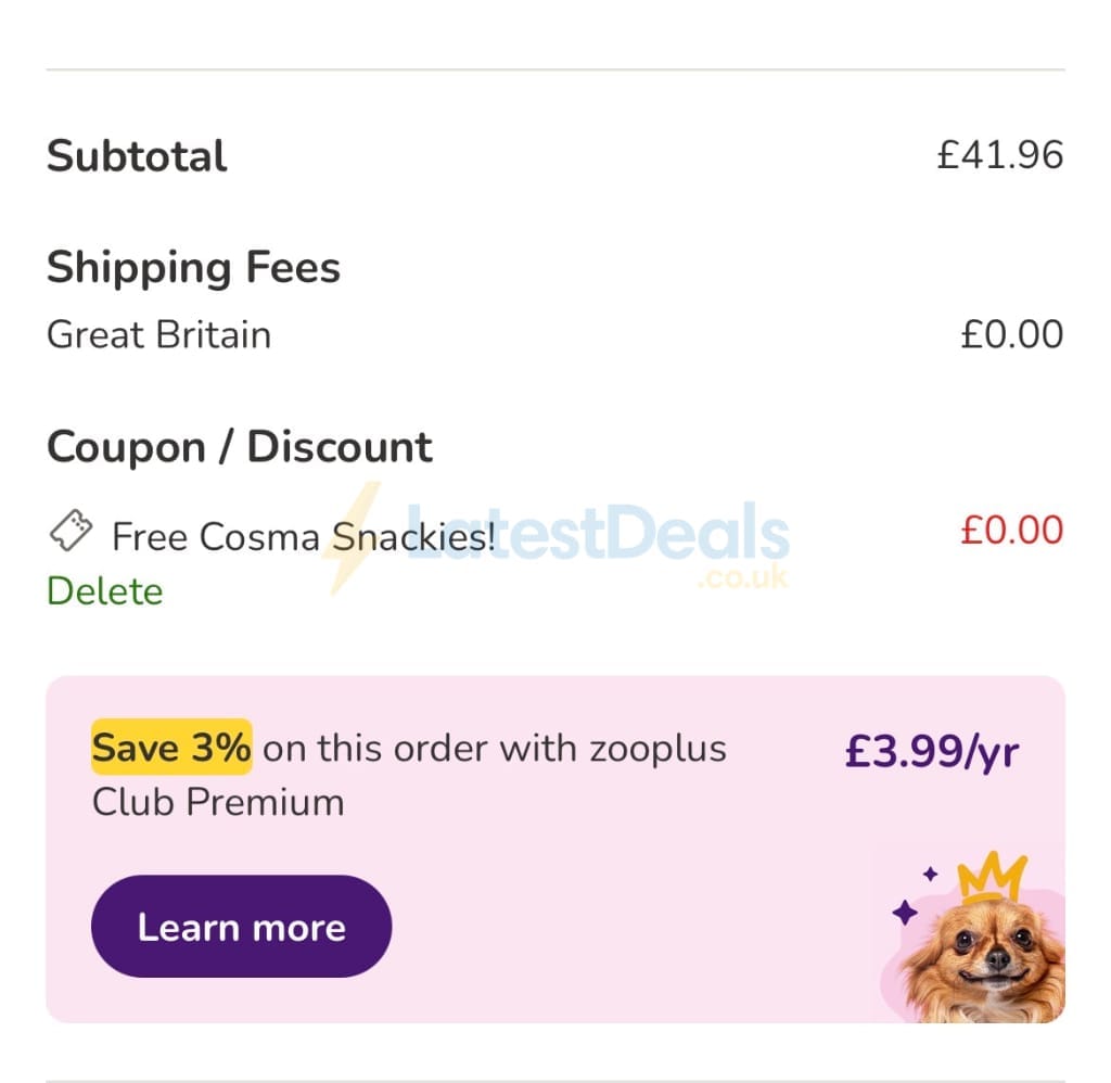 Screenshot of the zooplus discount code working