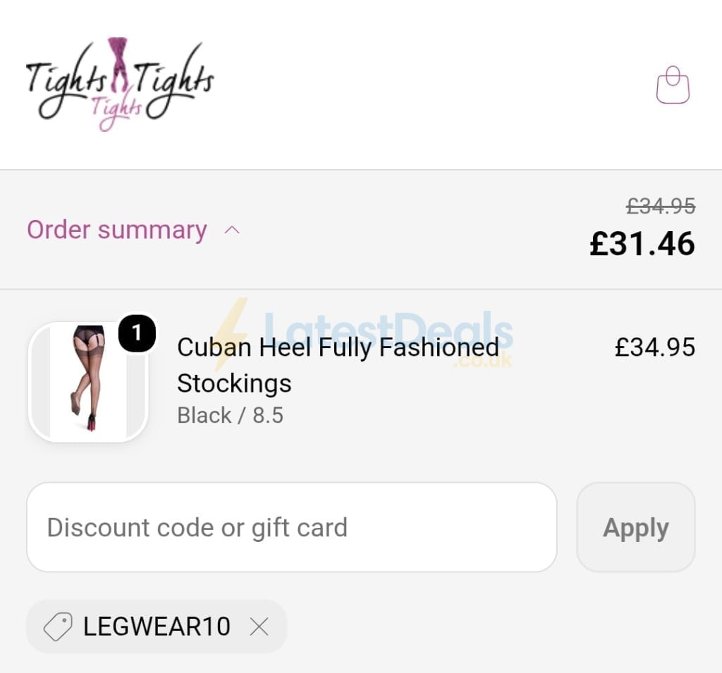 Screenshot of the Tights Tights Tights discount code working
