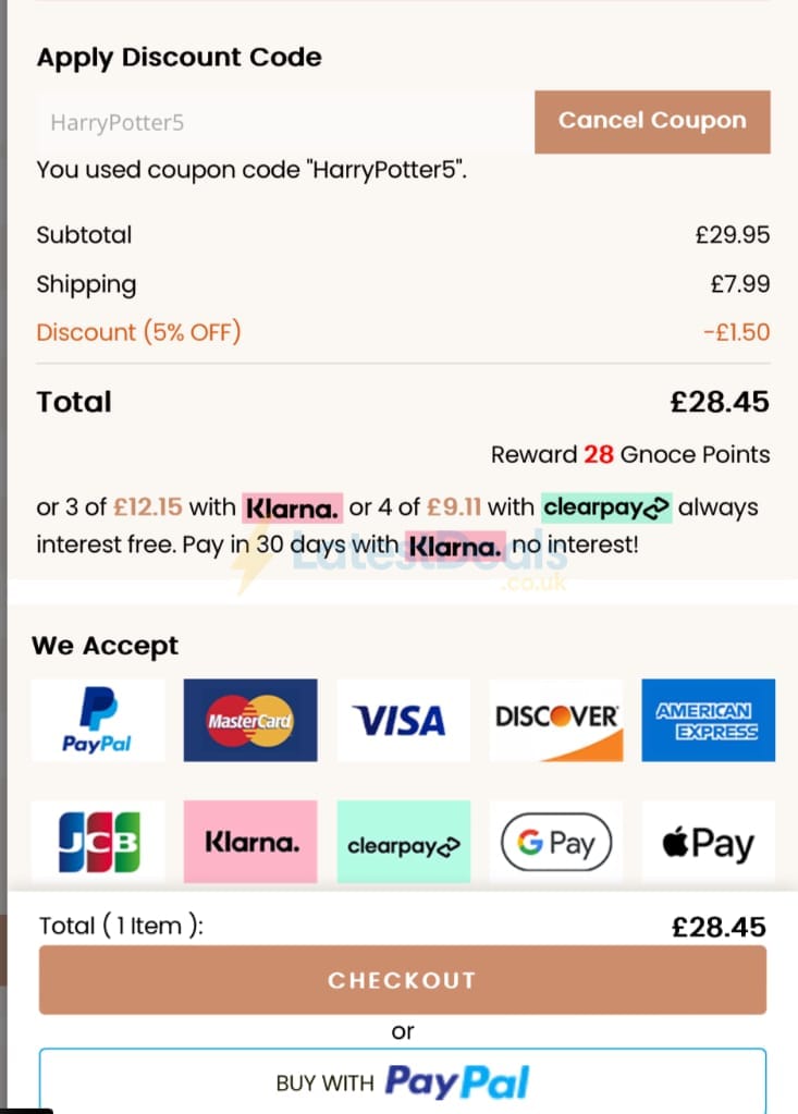 Screenshot of the Gnoce discount code working