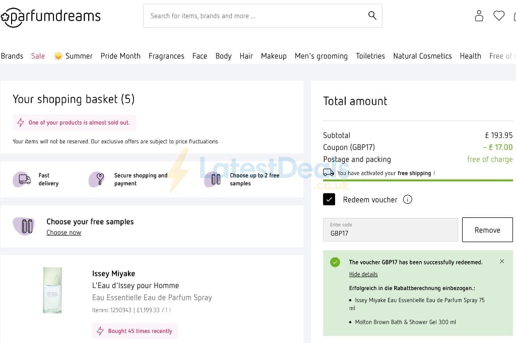 Screenshot of the Parfumdreams discount code working