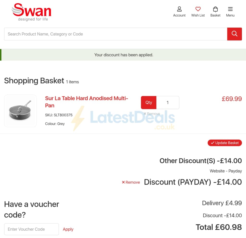 Screenshot of the Swan discount code working