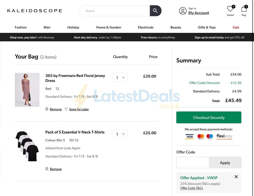 Screenshot of the Kaleidoscope discount code working