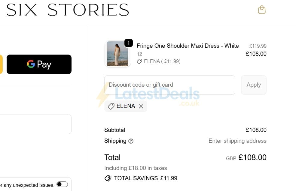 Screenshot of the Six Stories discount code working