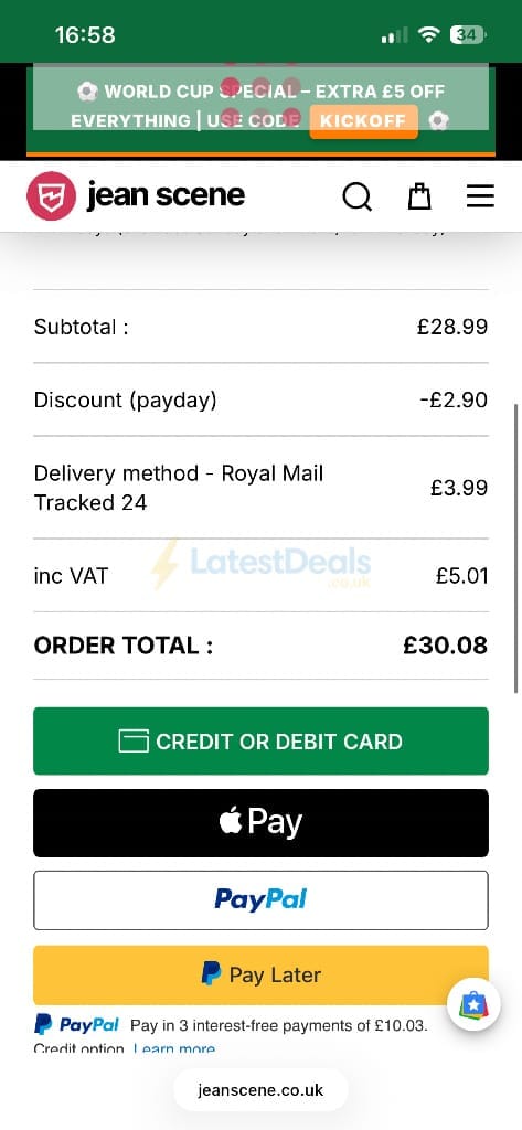 Screenshot of the Jean Scene discount code working