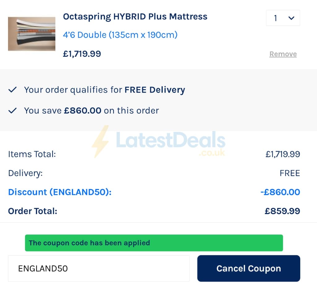 Screenshot of the Dormeo discount code working