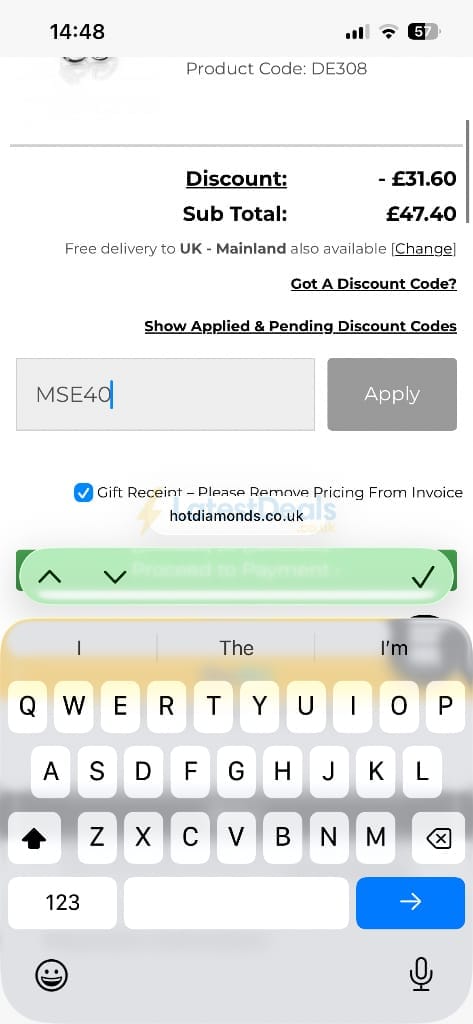 Screenshot of the Hot Diamonds discount code working