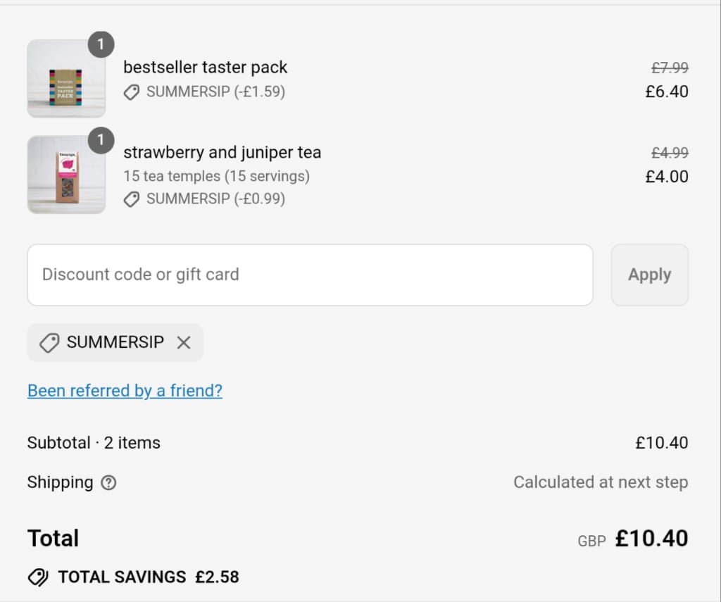 Screenshot of the Teapigs discount code working