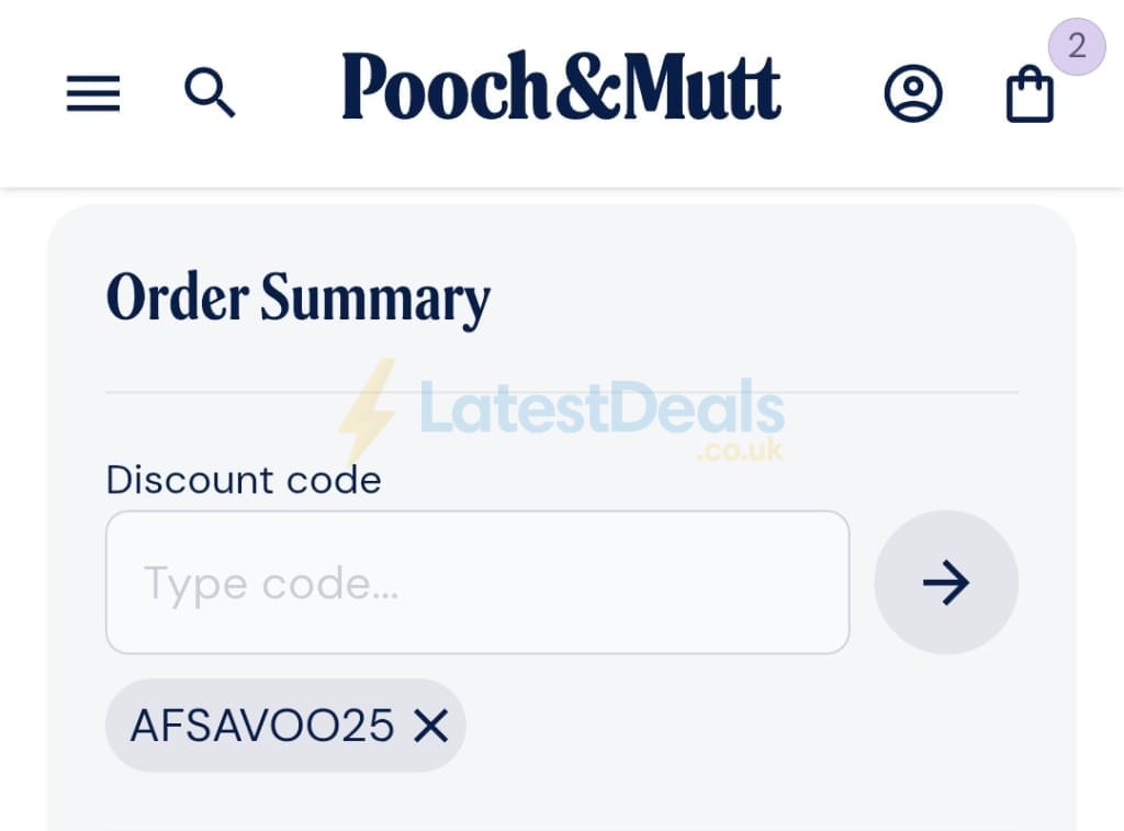 Screenshot of the Pooch & Mutt discount code working
