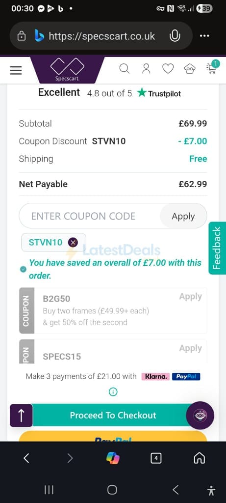 Screenshot of the Specscart discount code working