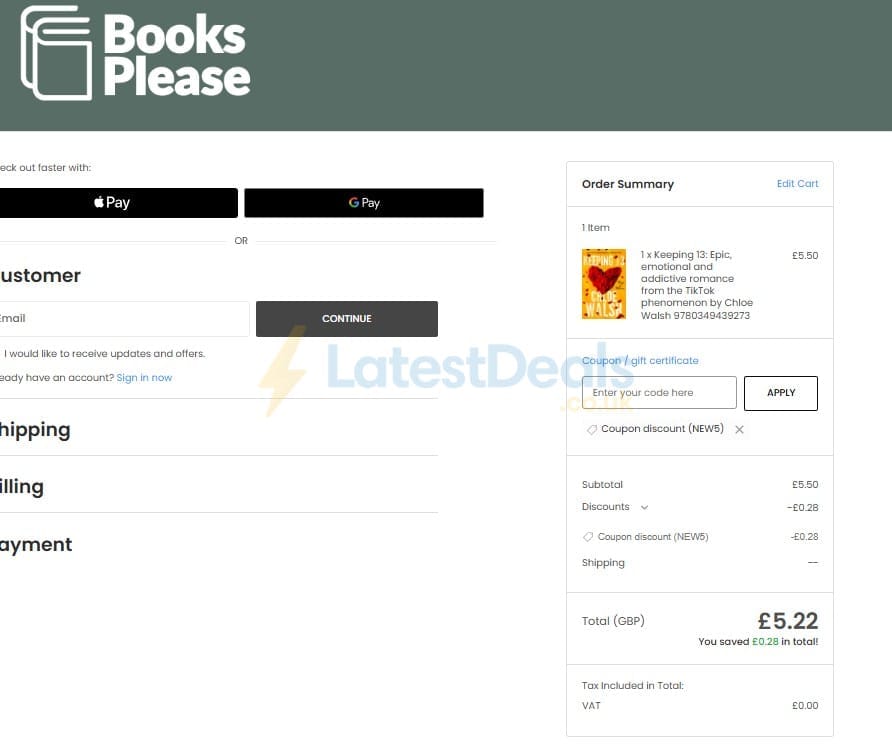 Screenshot of the Books Please discount code working