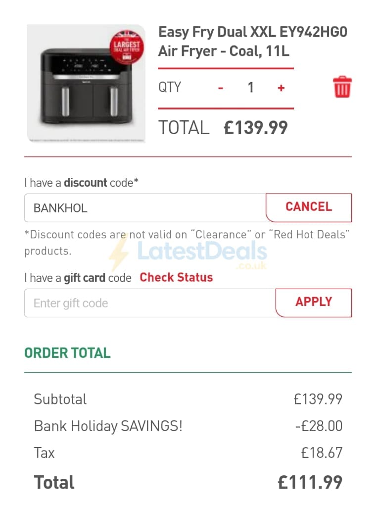 Screenshot of the Tefal discount code working
