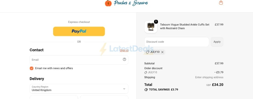 Screenshot of the Peaches and Screams discount code working