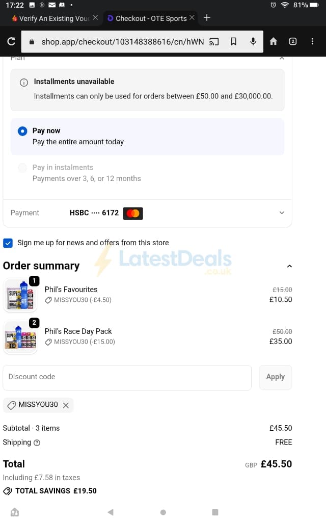 Screenshot of the OTE Sports discount code working