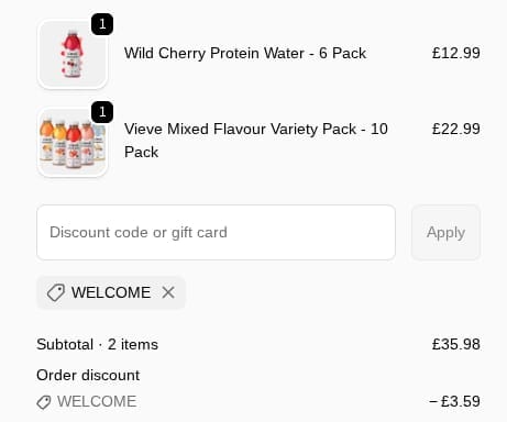 Screenshot of the Vieve discount code working