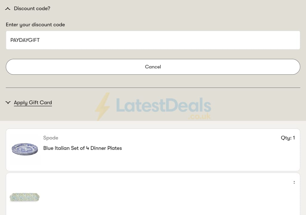 Screenshot of the Spode discount code working